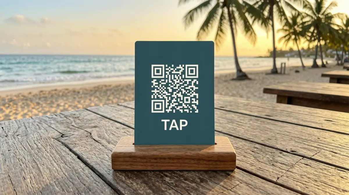 Stand TapCentro con chip NFC sobre mesa de café en San Juan del Sur al atardecer